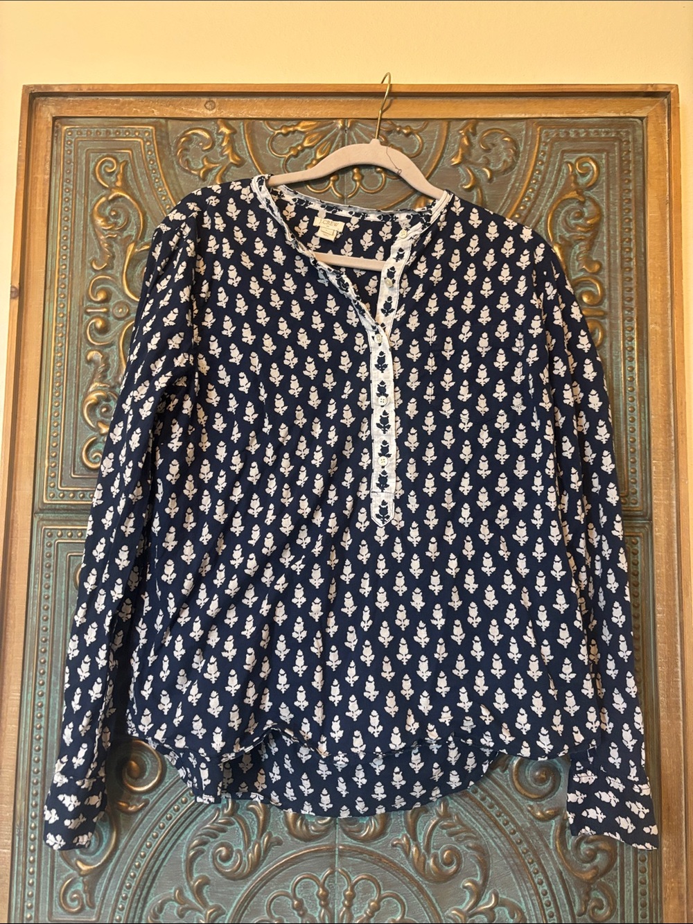 J. Crew Navy Blue Printed Long-Sleeve Split-Neck Top